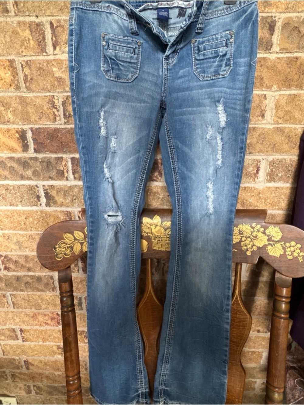Amethyst Jeans Mid Blue Distressed Flare Jeans
